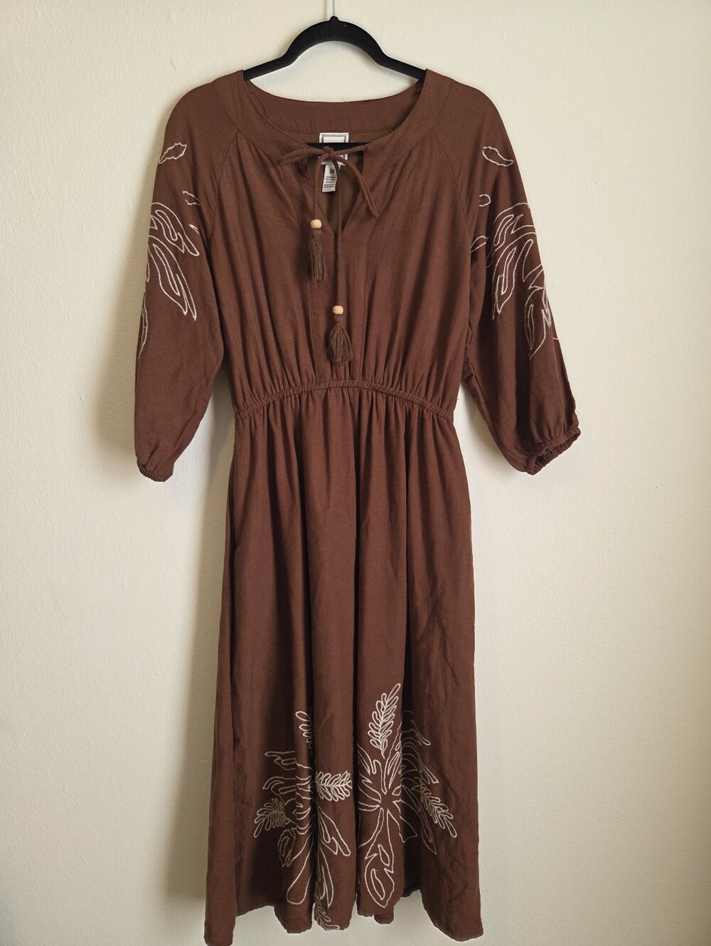 LÉA Brown Embroidered Boho Midi Dress Rayon Linen Blend Size Medium